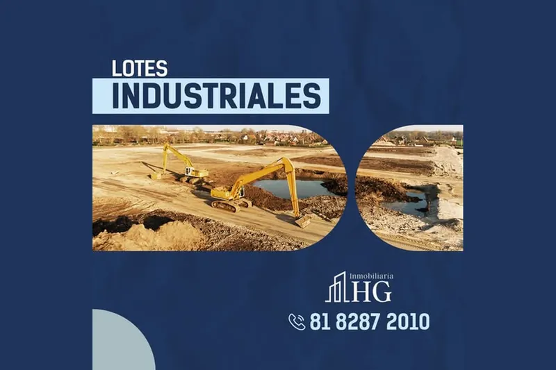Pieza gráfica de Inmobiliaria HG para lotes industriales, con maquinaria trabajando el terreno